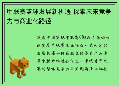 甲联赛篮球发展新机遇 探索未来竞争力与商业化路径